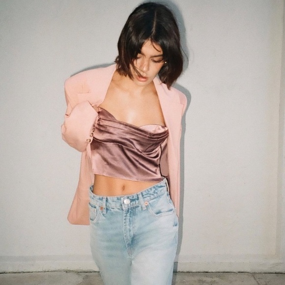 NWT Zara Satin Bandeau Mauve Strapless Crop Top Size Medium - Picture 10 of 10